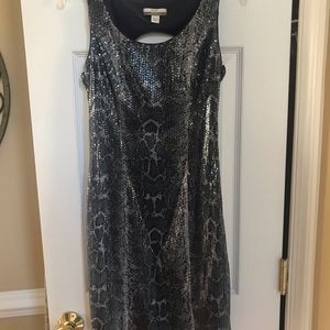 Snakeskin print sequin cocktail dress.